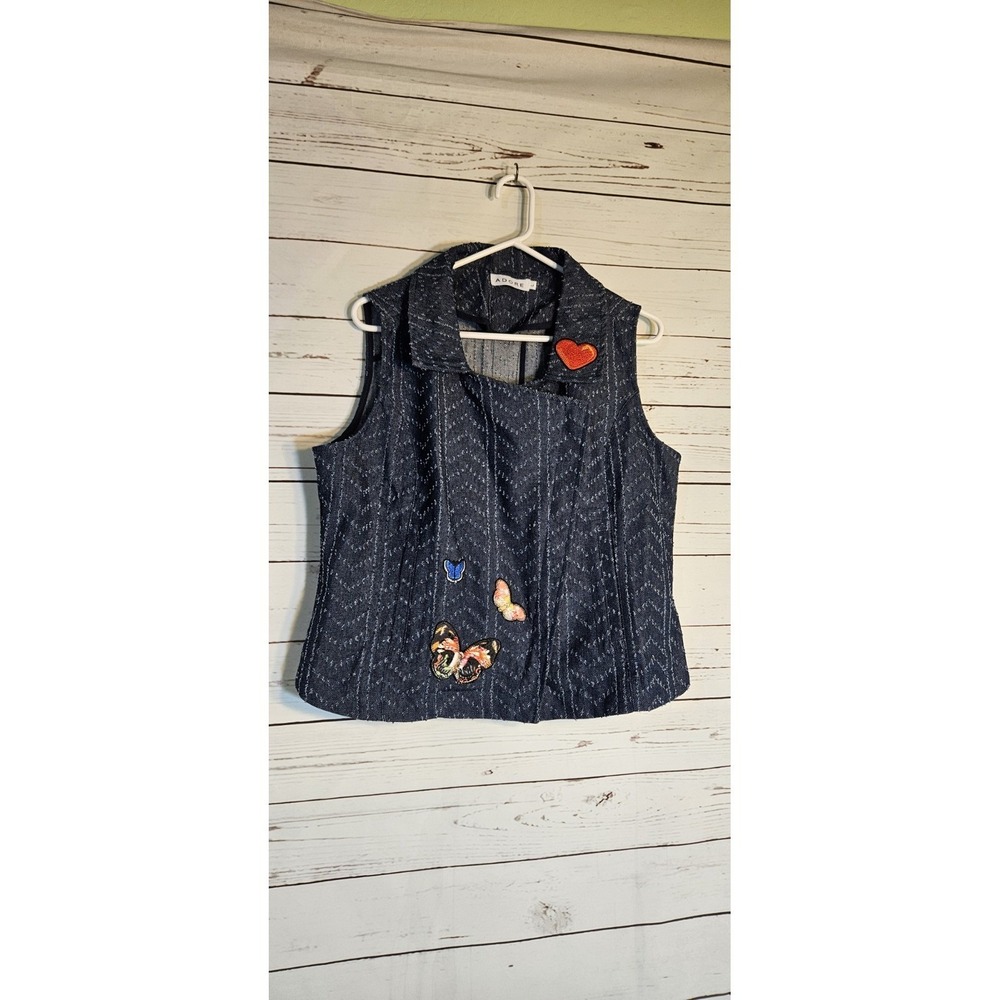 Women Denim‎ Vest Cotton Blue Size L Full Zip Collared Patches Heart Butterfly